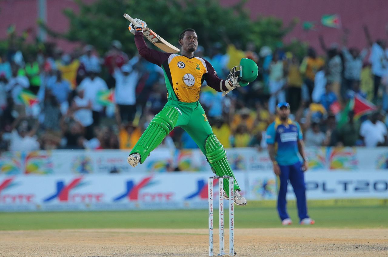 Jason Mohammed leaps to celebrate after hitting the winning six, Barbados Tridents v Guyana Amazon Warriors, CPL 2016, Lauderhill, July 30, 2016