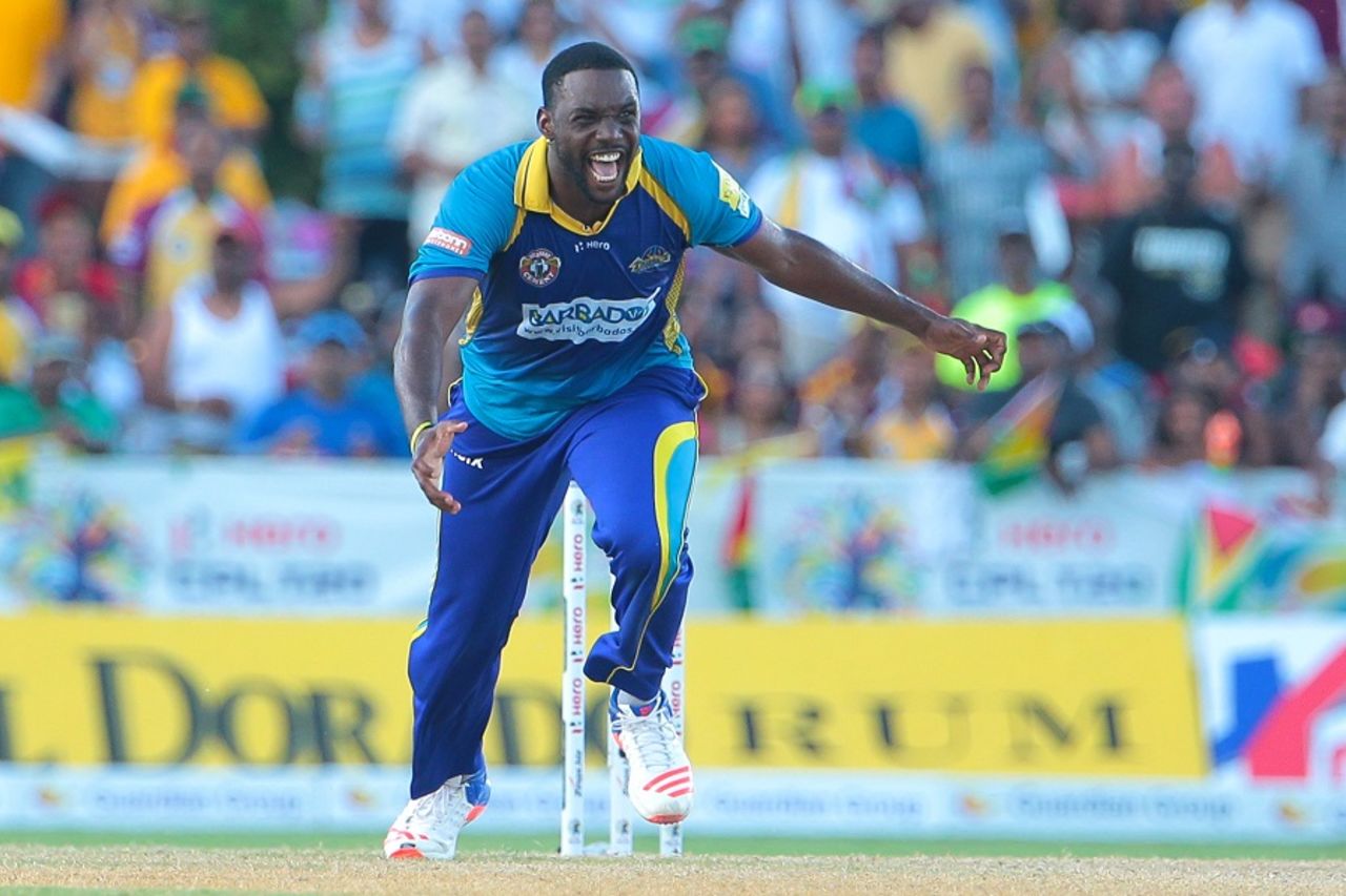 Raymon Reifer is ecstatic after picking up one of his two wickets, Barbados Tridents v Guyana Amazon Warriors, CPL 2016, Lauderhill, July 30, 2016