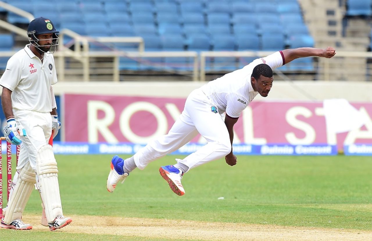 Shannon Gabriel gets into his follow through, West Indies v India, 2nd Test, Kingston, 2nd day, July 31, 2016