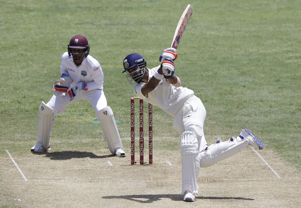 KL Rahul steps out and smacks the ball, West Indies v India, 2nd Test, Kingston, 2nd day, July 31, 2016