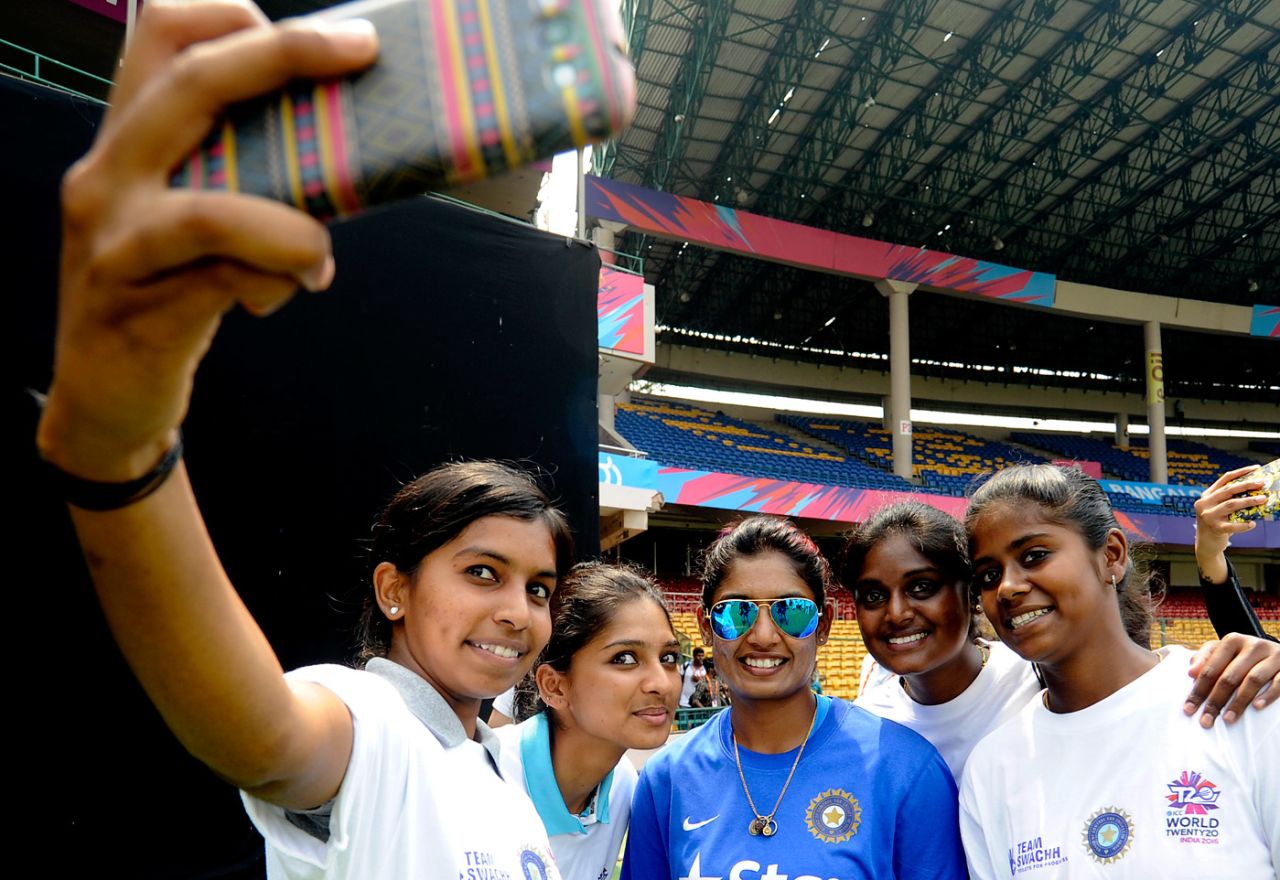 Mithali Raj takes a photo with fans at a UNICEF event in Bangalore, March 14, 2016