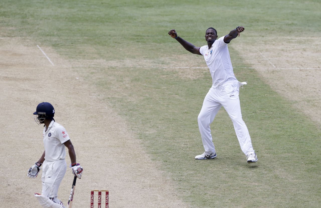 Jason Holder is jubilant after trapping Wriddhiman Saha lbw, West Indies v India, 2nd Test, Kingston, 3rd day, August 1, 2016