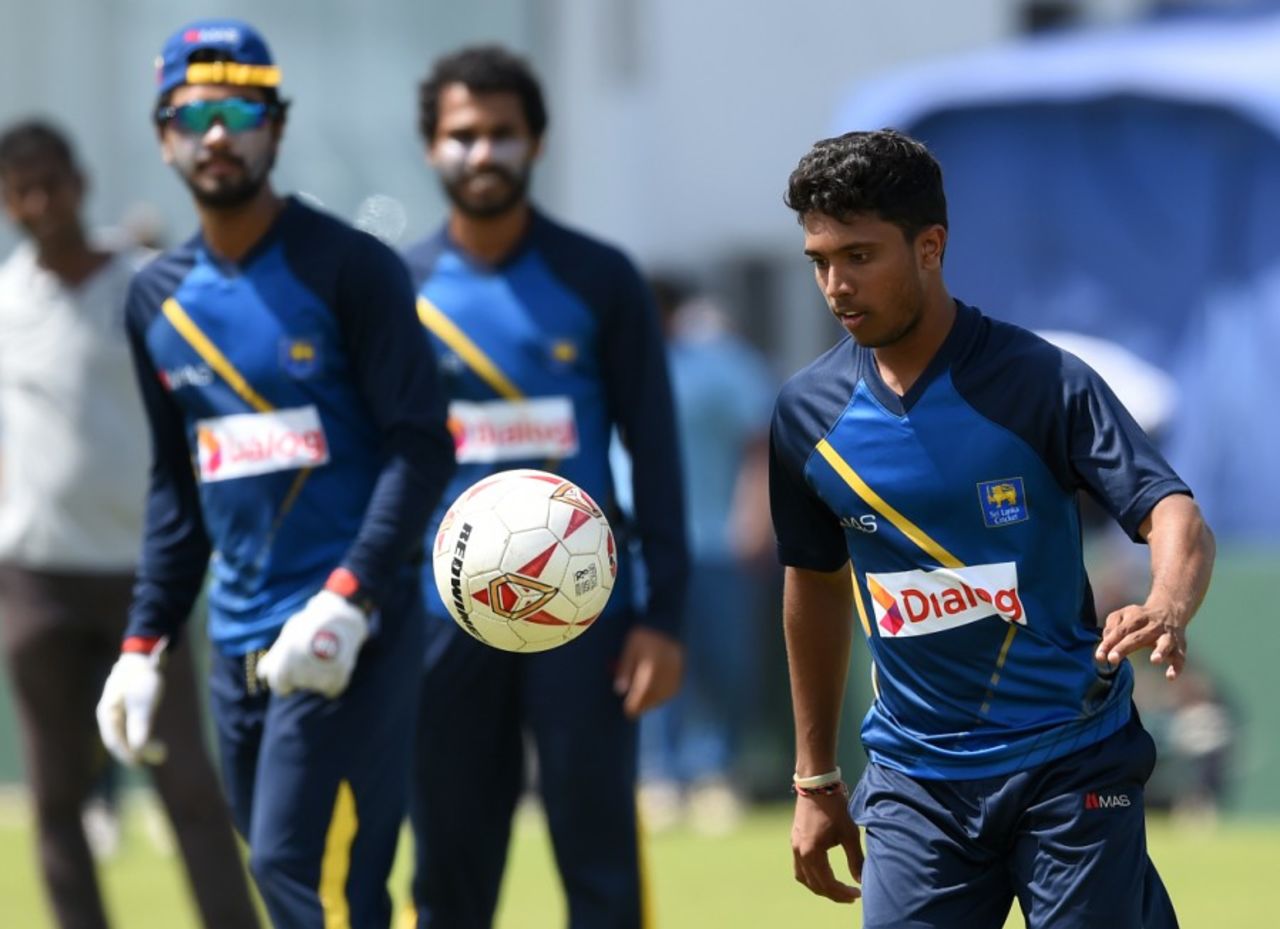 Kusal Mendis shows off his soccer skills during training, Galle, August 2, 2016