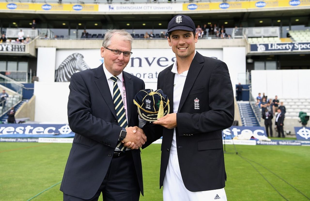 Alastair Cook is presented with a commemorative cap by Warwickshire chairman Norman Gascoigne, England v Pakistan, 3rd Test, Edgbaston, 1st day, August 3, 2016