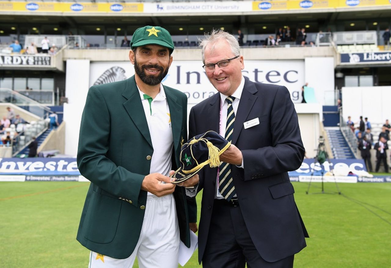 Misbah-ul-Haq is presented with a commemorative cap by Warwickshire chairman Norman Gascoigne, England v Pakistan, 3rd Test, Edgbaston, 1st day, August 3, 2016
