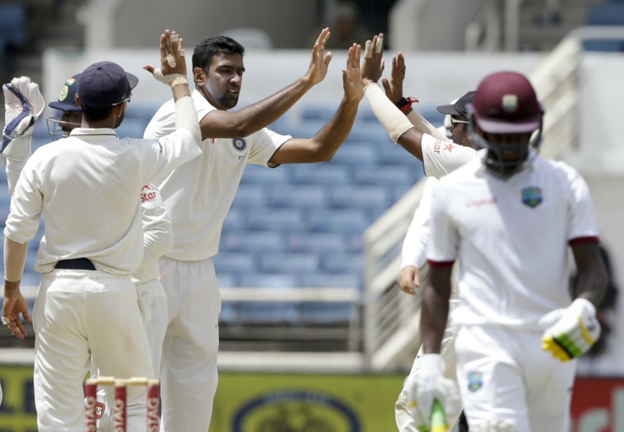 R Ashwin celebrates the wicket of Jermaine Blackwood, West Indies v India, 2nd Test, Kingston, 5th day, August 3, 2016
