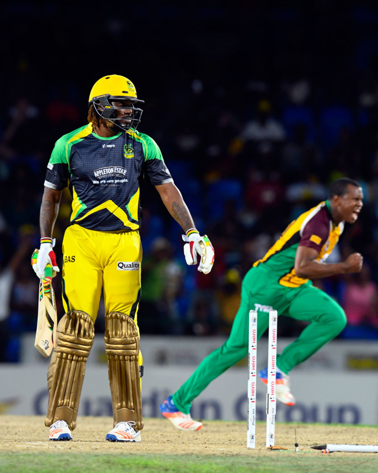 Wild celebrations erupt after Chris Gayle is bowled, Guyana Amazon Warriors v Jamaica Tallawahs, CPL 2016, 1st playoff, St Kitts, August 3, 2016