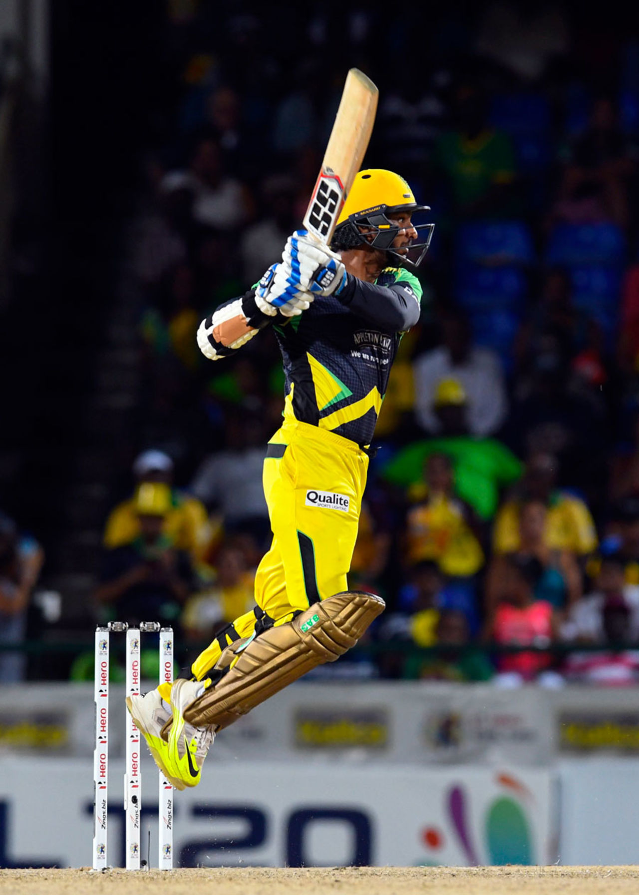 Kumar Sangakkara leaps to send one whizzing through the off side, Guyana Amazon Warriors v Jamaica Tallawahs, CPL 2016, 1st playoff, St Kitts, August 3, 2016