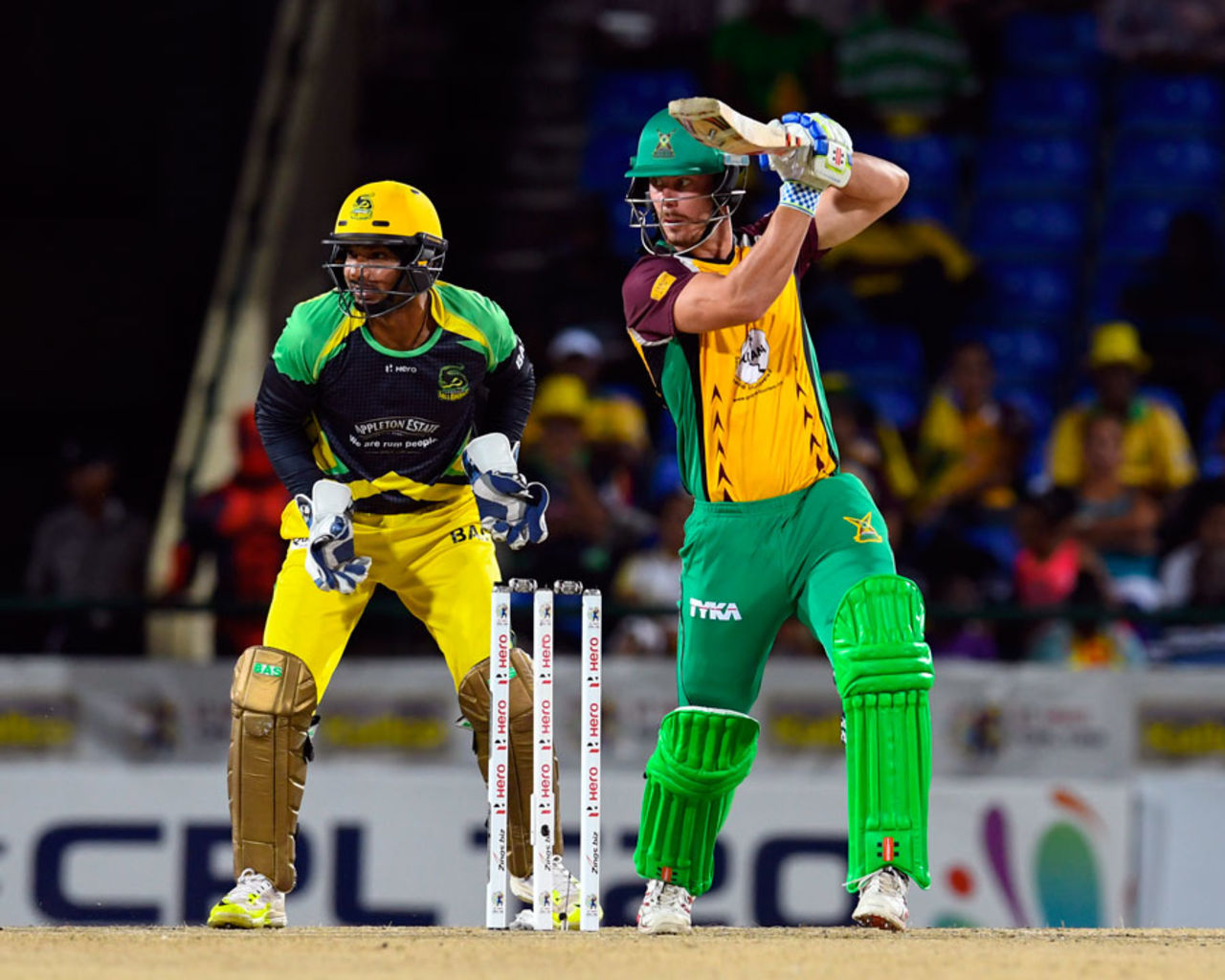 Chris Lynn punches through the covers on his way to 49, Guyana Amazon Warriors v Jamaica Tallawahs, CPL 2016, 1st playoff, St Kitts, August 3, 2016