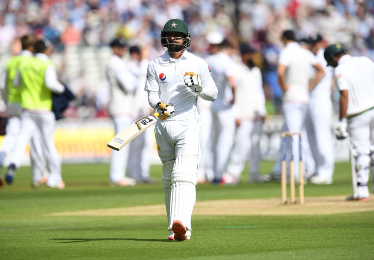 Mohammad Hafeez walks off for a duck in his 50th Test, England v Pakistan, 3rd Test, Edgbaston, 2nd day, August 4, 2016