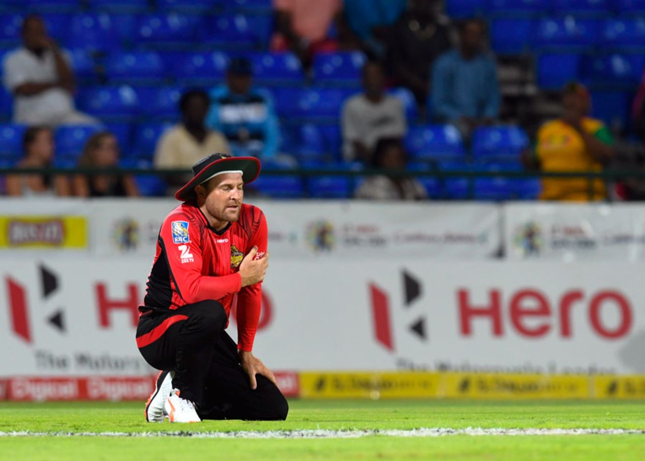 Brendon McCullum reacts to dropping a catch, St Lucia Zouks v Trinbago Knight Riders, CPL 2016, eliminator, St Kitts, August 4, 2016