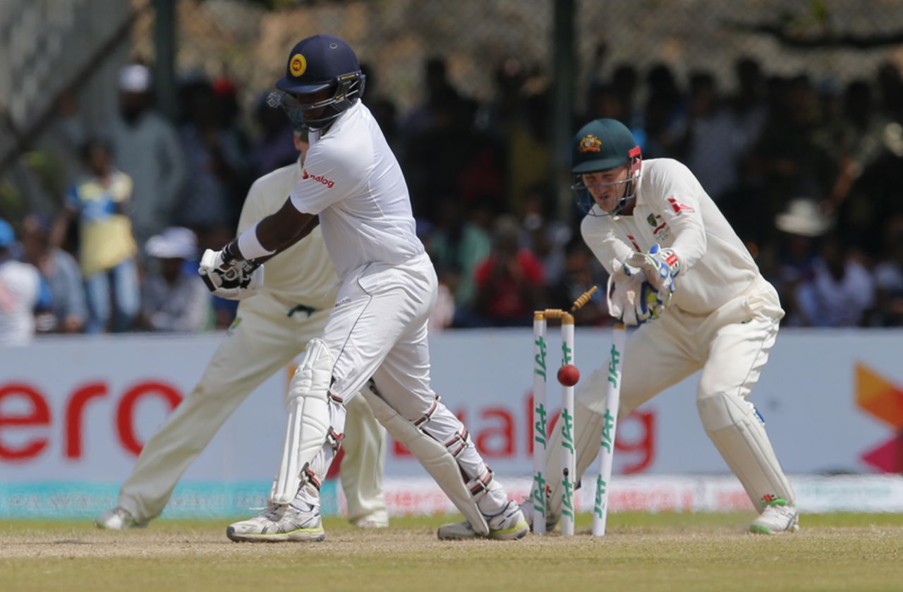A reverse-sweep from Angelo Mathews does not go to plan, Sri Lanka v Australia, 2nd Test, Galle, 2nd day, August 5, 2016