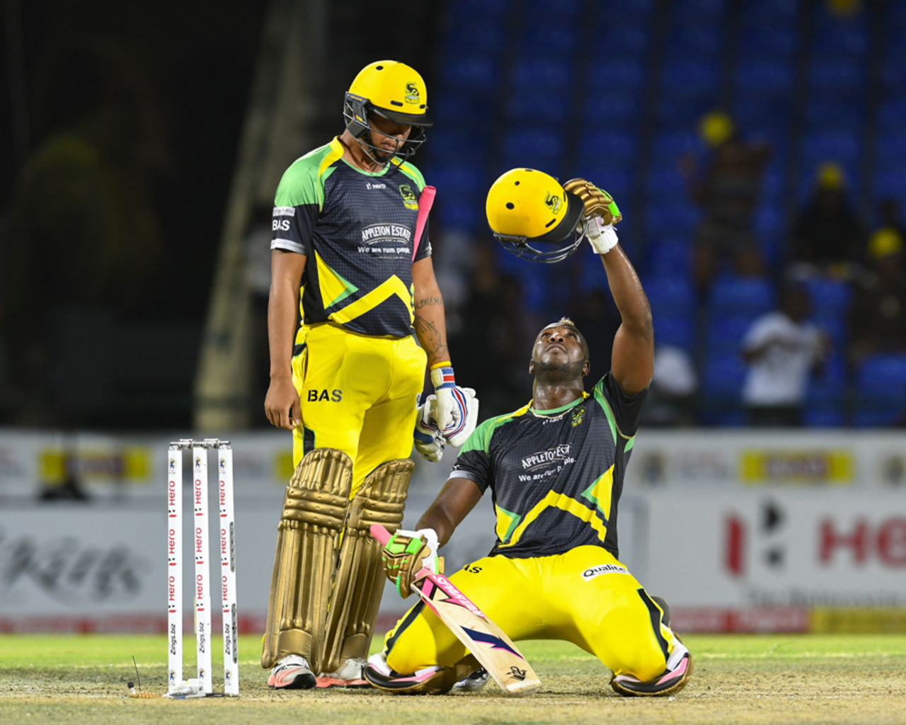 Andre Russell celebrates his whirlwind century, Jamaica Tallawahs v Trinbago Knight Riders, CPL 2016, Qualifier 2, St Kitts, August 5, 2016