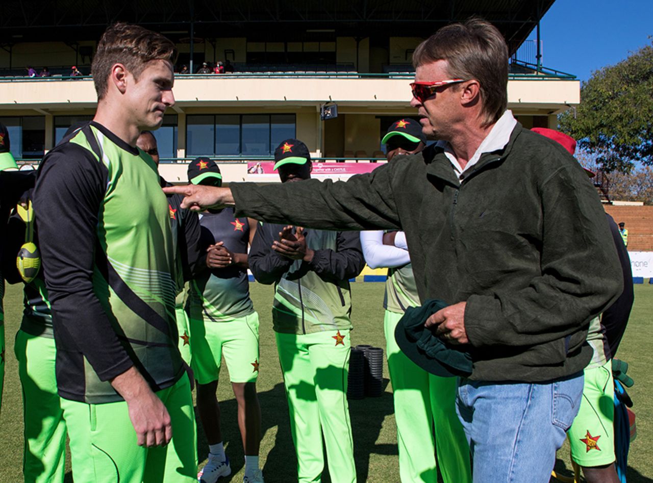Peter Moor gets his Test cap from former Zimbabwe cricketer Wayne James, Zimbabwe v New Zealand, 2nd Test, Bulawayo, 1st day, August 6, 2016