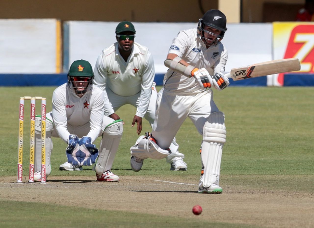 Tom Latham pushes the ball down the ground, Zimbabwe v New Zealand, 2nd Test, Bulawayo, 1st day, August 6, 2016