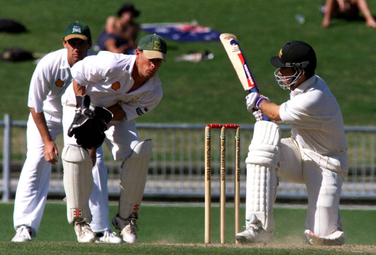 Justin Langer sweeps fine, Central Districts v Australia, McLean Park, 3rd day, March 20, 2000