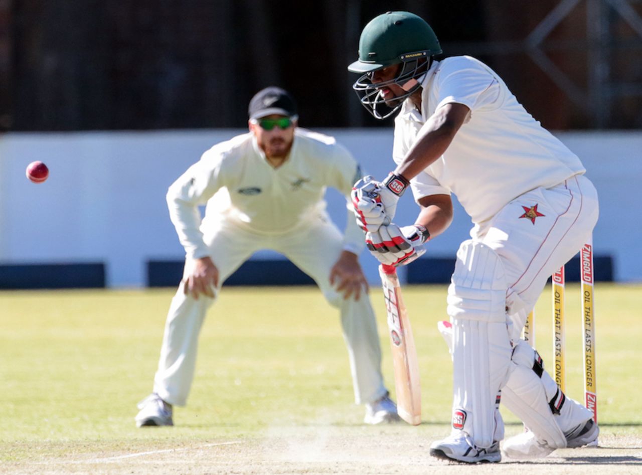 Tino Mawoyo defends on the off side, Zimbabwe v New Zealand, 2nd Test, Bulawayo, 2nd day, August 7, 2016