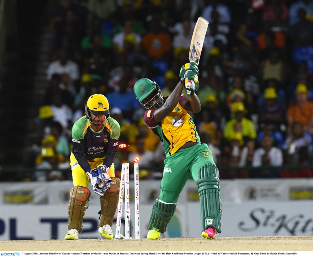 Anthony Bramble is bowled for a duck after a wild swipe, CPL 2016, final, St Kitts, August 7, 2016
