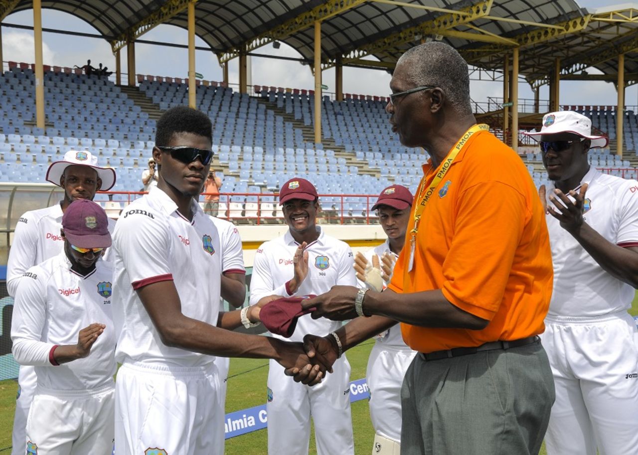 Alzarri Joseph receives his maiden Test cap from Joel Garner, West Indies v India, 3rd Test, Gros Islet, 1st day, August 9, 2016