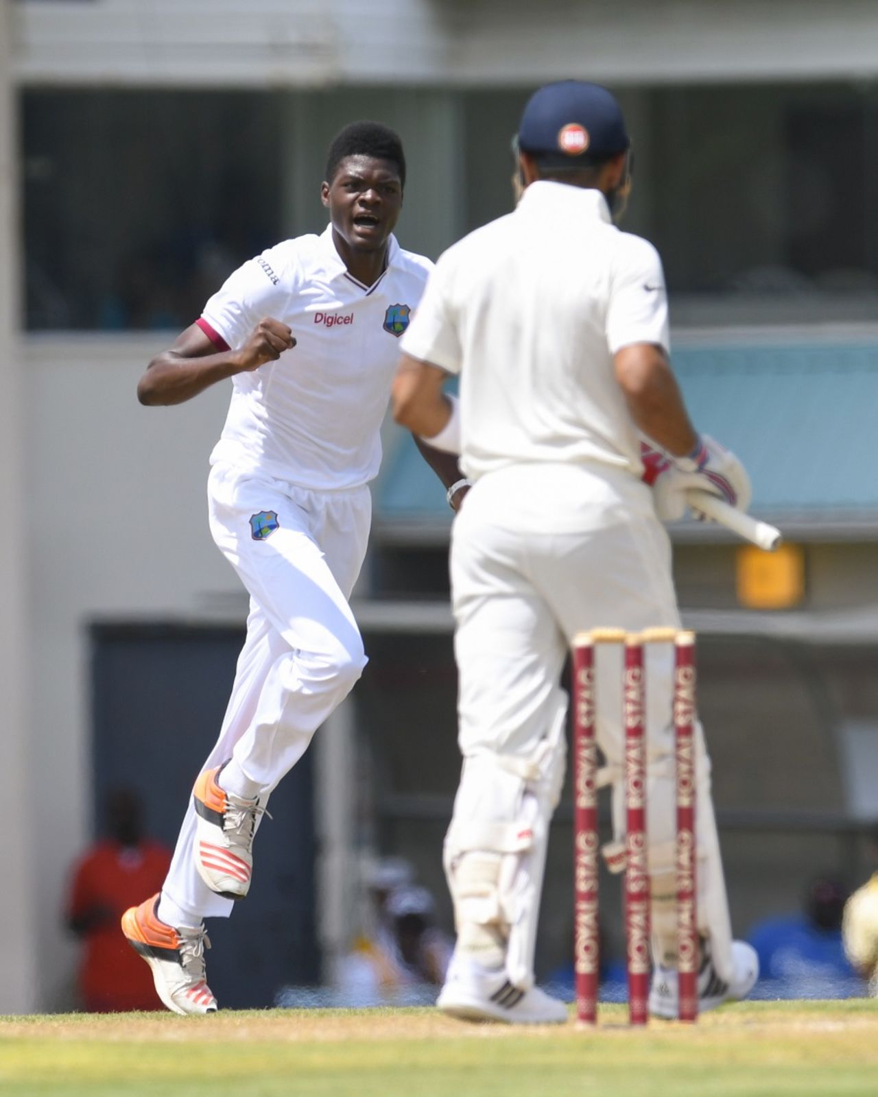 Alzarri Joseph celebrates after dismissing Virat Kohli, West Indies v India, 3rd Test, Gros Islet, 1st day, August 9, 2016
