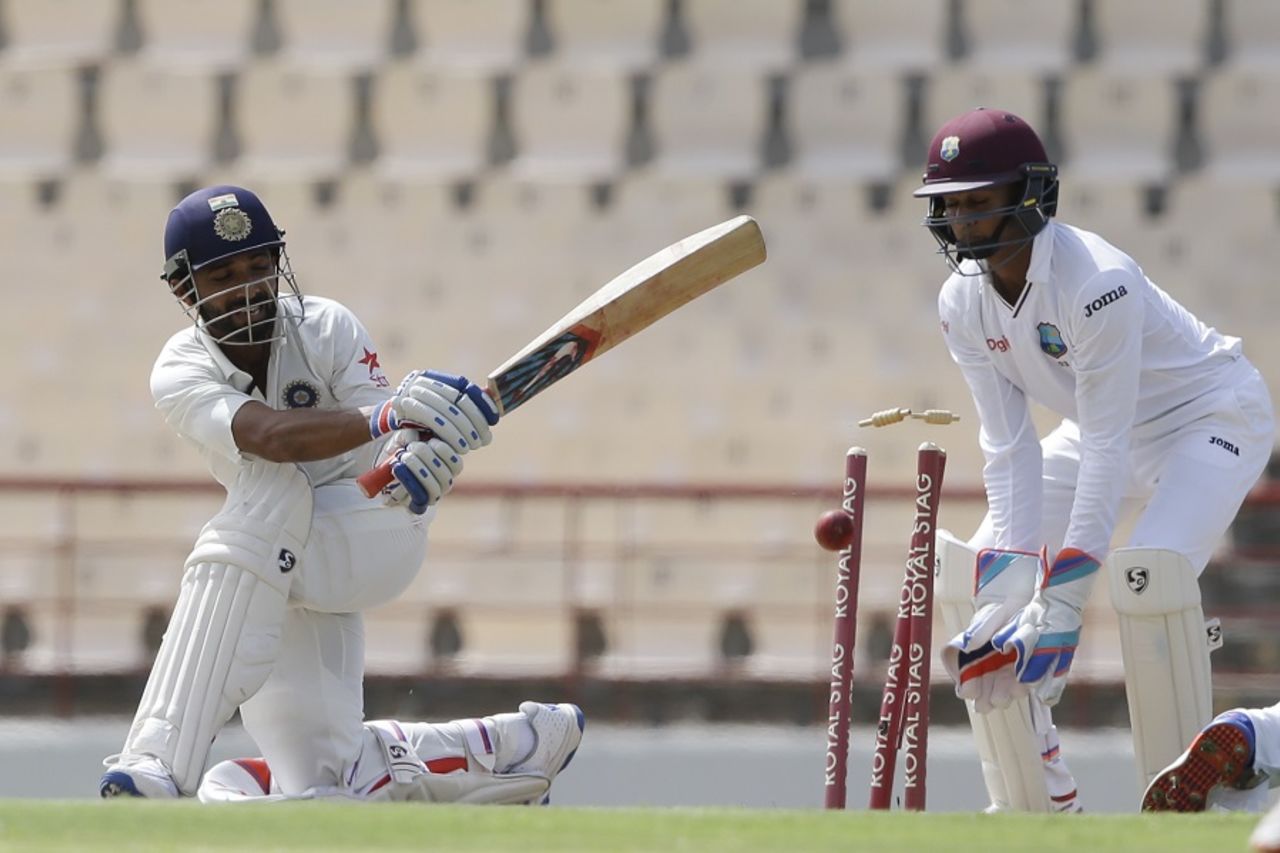 Ajinkya Rahane is cleaned up by Roston Chase after failing to connect with a sweep, West Indies v India, 3rd Test, Gros Islet, 1st day, August 9, 2016