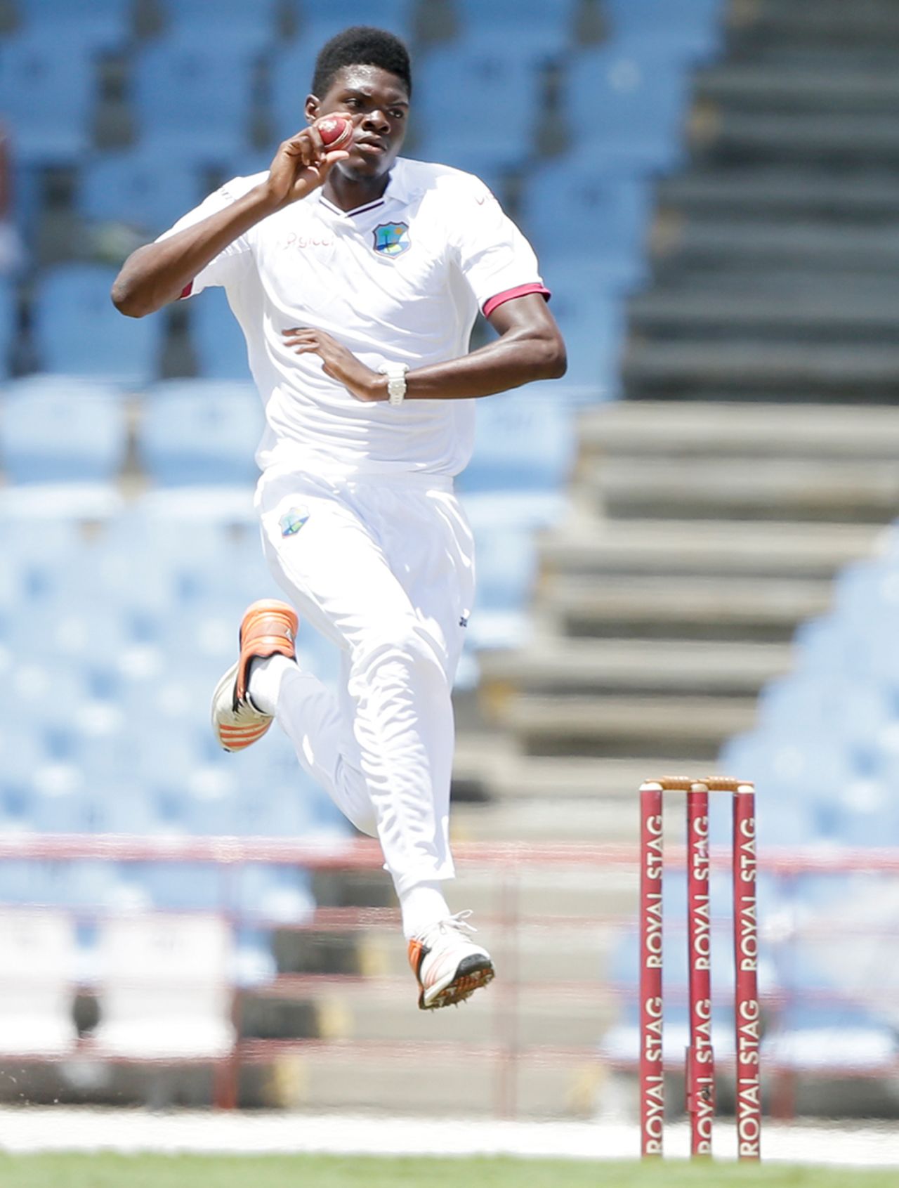 Alzarri Joseph in his delivery stride, West Indies v India, 3rd Test, Gros Islet, 2nd day, August 10, 2016