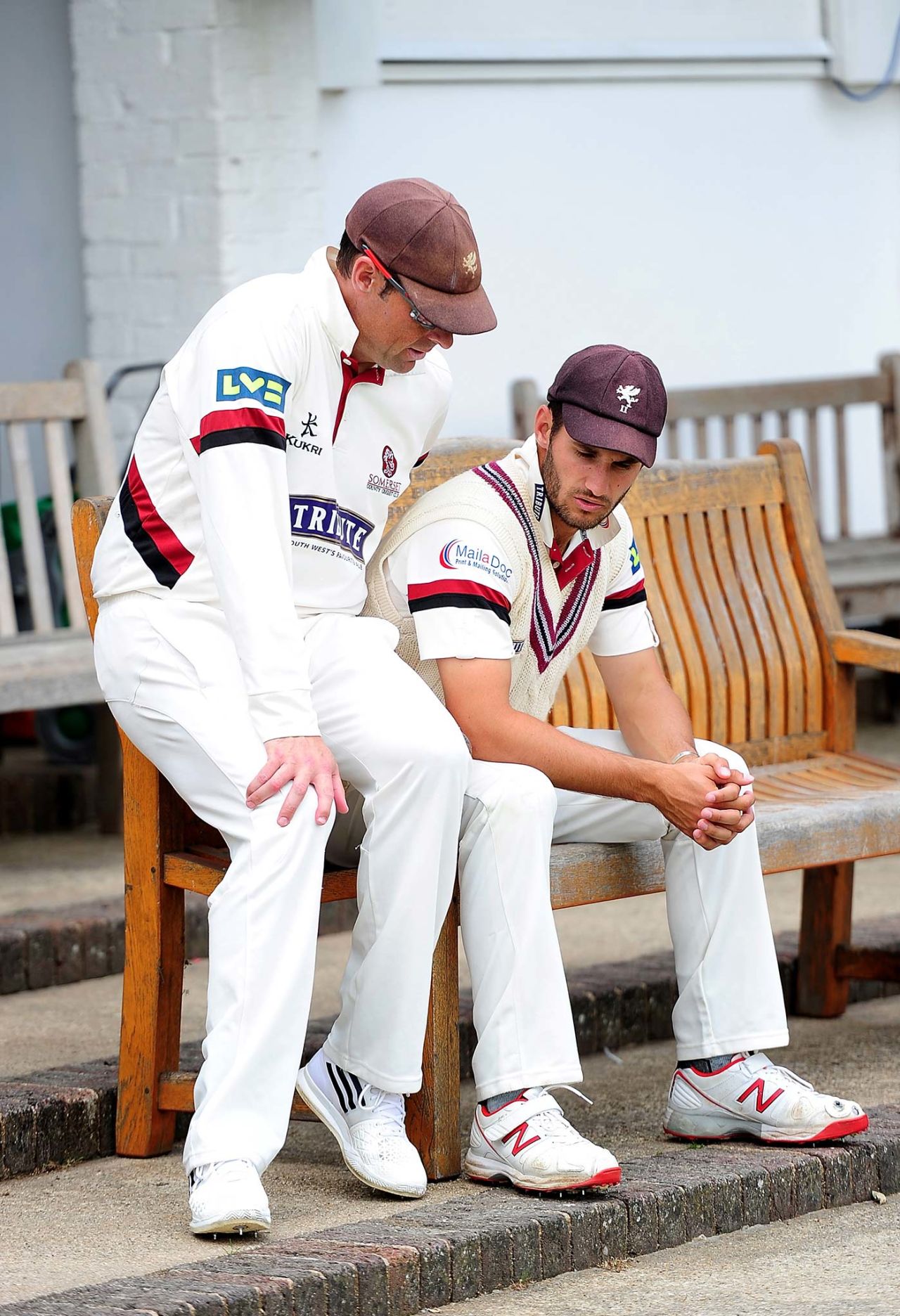 Marcus Trescothick talks to Lewis Gregory before the start of play, Middlesex v Somerset, day one, Watford, July 11, 2015 

