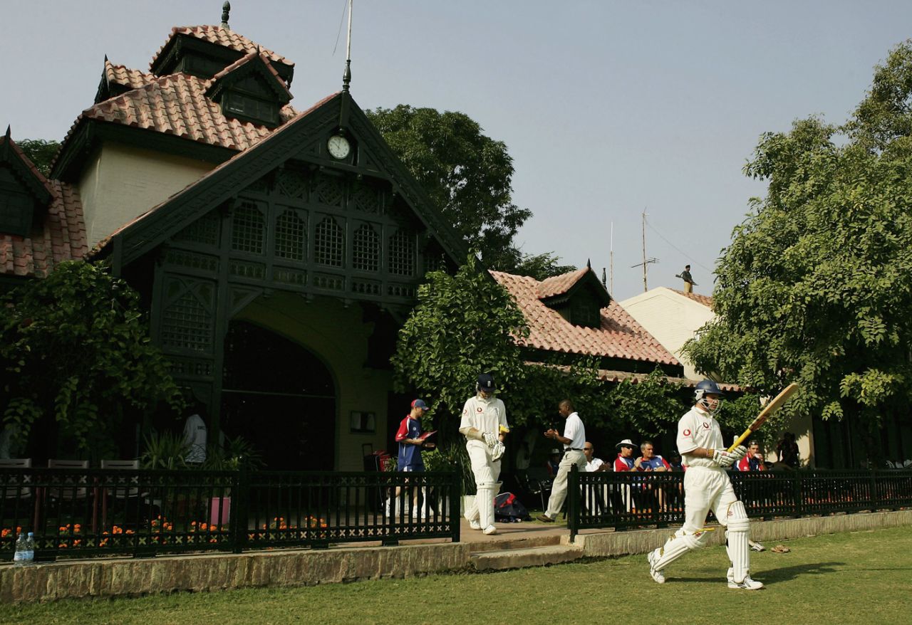 Marcus Trescothick and Andrew Strauss walk out to bat, Pakistan A v England, Bagh-e-Jinnah, Lahore, 1st day, November 6, 2005