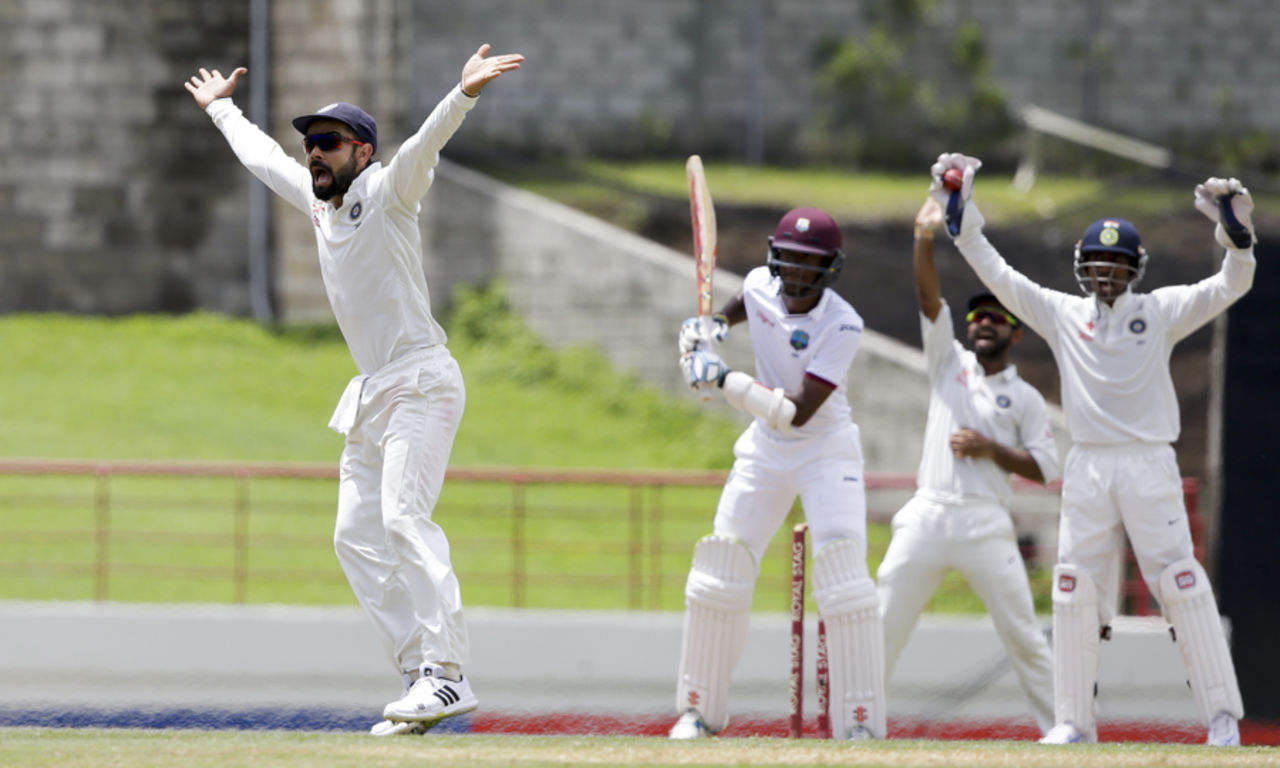 India fielders appeal successfully for the wicket of Kraigg Brathwaite, West Indies v India, 3rd Test, Gros Islet, 4th day, August 12, 2016