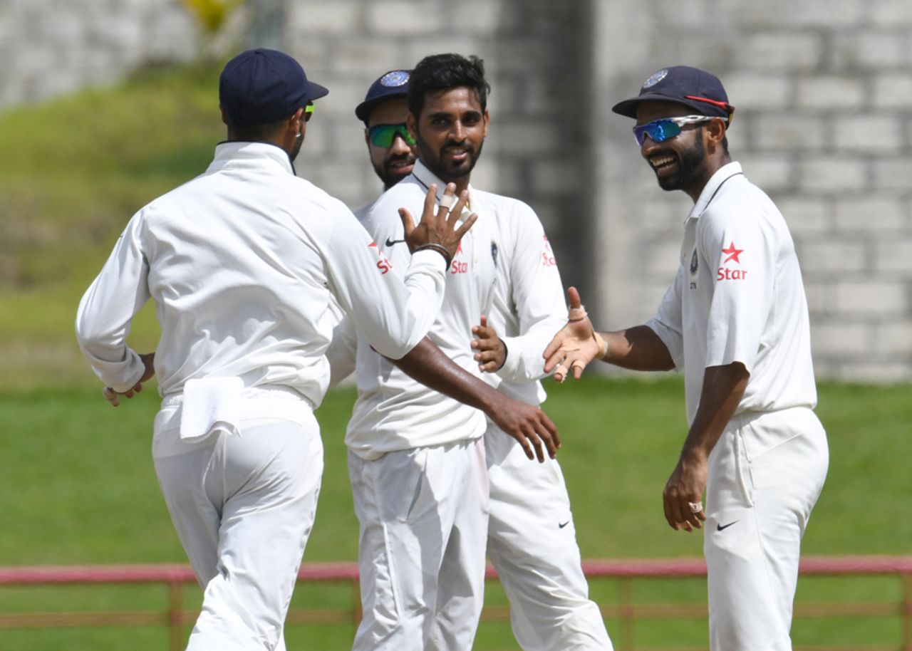 Bhuvneshwar Kumar is congratulated on his five-wicket haul, West Indies v India, 3rd Test, Gros Islet, 4th day, August 12, 2016