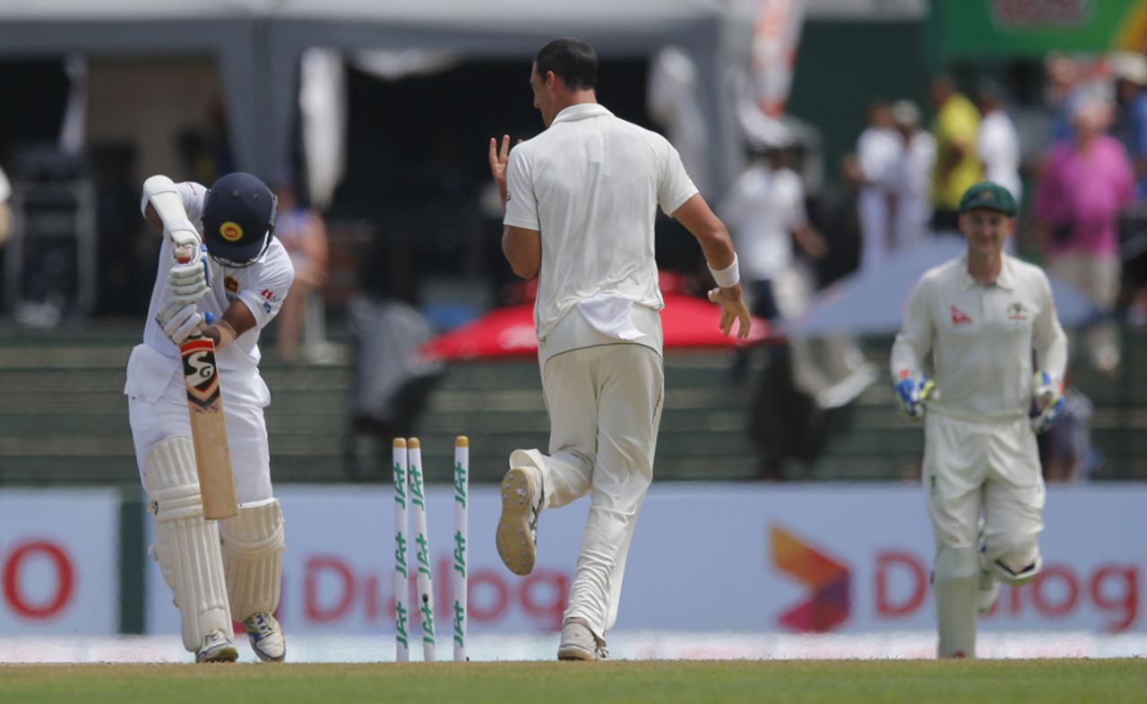 Mitchell Starc reminds Dimuth Karunaratne that he has dismissed him five times in the series, Sri Lanka v Australia, 3rd Test, SSC, 1st day, August 13, 2016