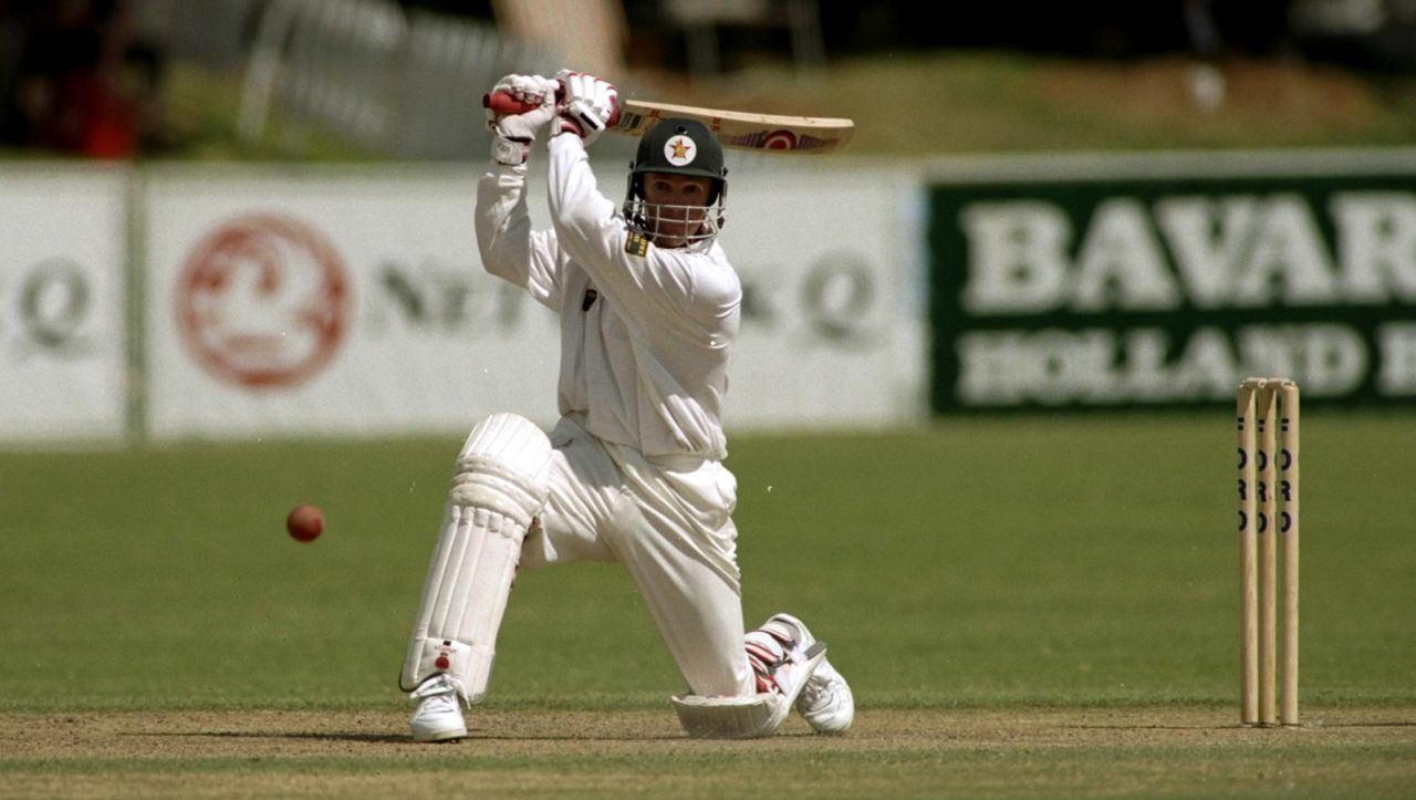 Andy Flower drives on his way to his first Test century, Zimbabwe v England, 1st Test, Bulawayo, December 1996