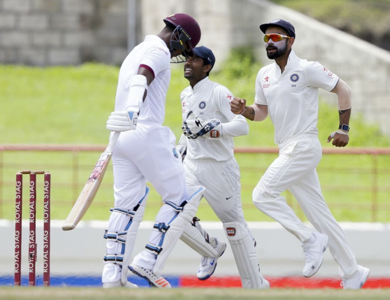 The India players celebrate the wicket of Leon Johnson, West Indies v India, 3rd Test, Gros Islet, 5th day, August 13, 2016