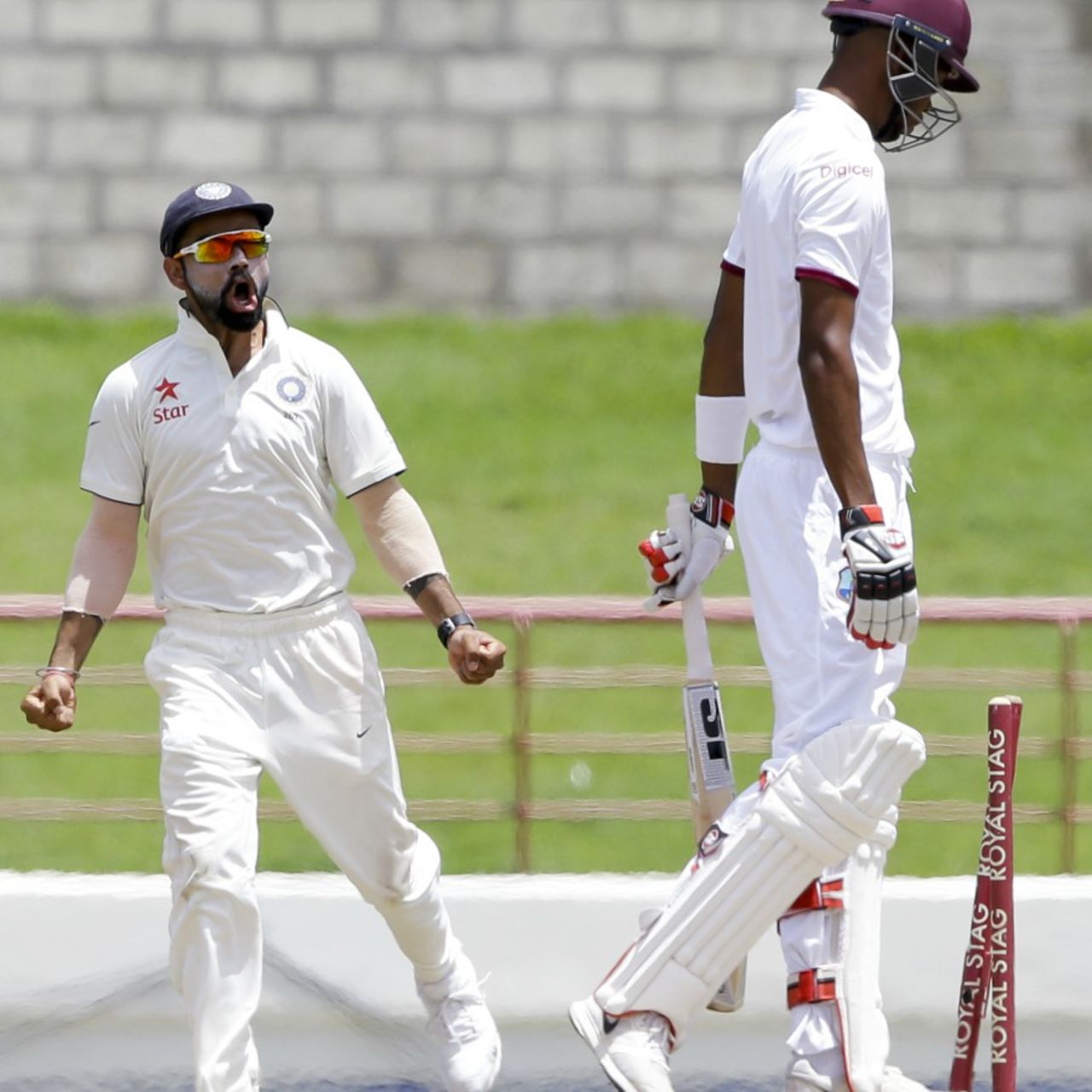 Virat Kohli is ecstatic after the wicket of Roston Chase, West Indies v India, 3rd Test, Gros Islet, 5th day, August 13, 2016