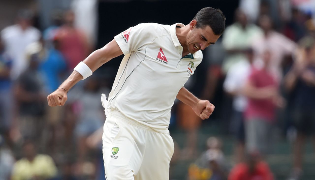Mitchell Starc is pumped up after bagging a five-wicket haul with the last Sri Lankan wicket, Sri Lanka v Australia, 3rd Test, SSC, 2nd day, August 14, 2016