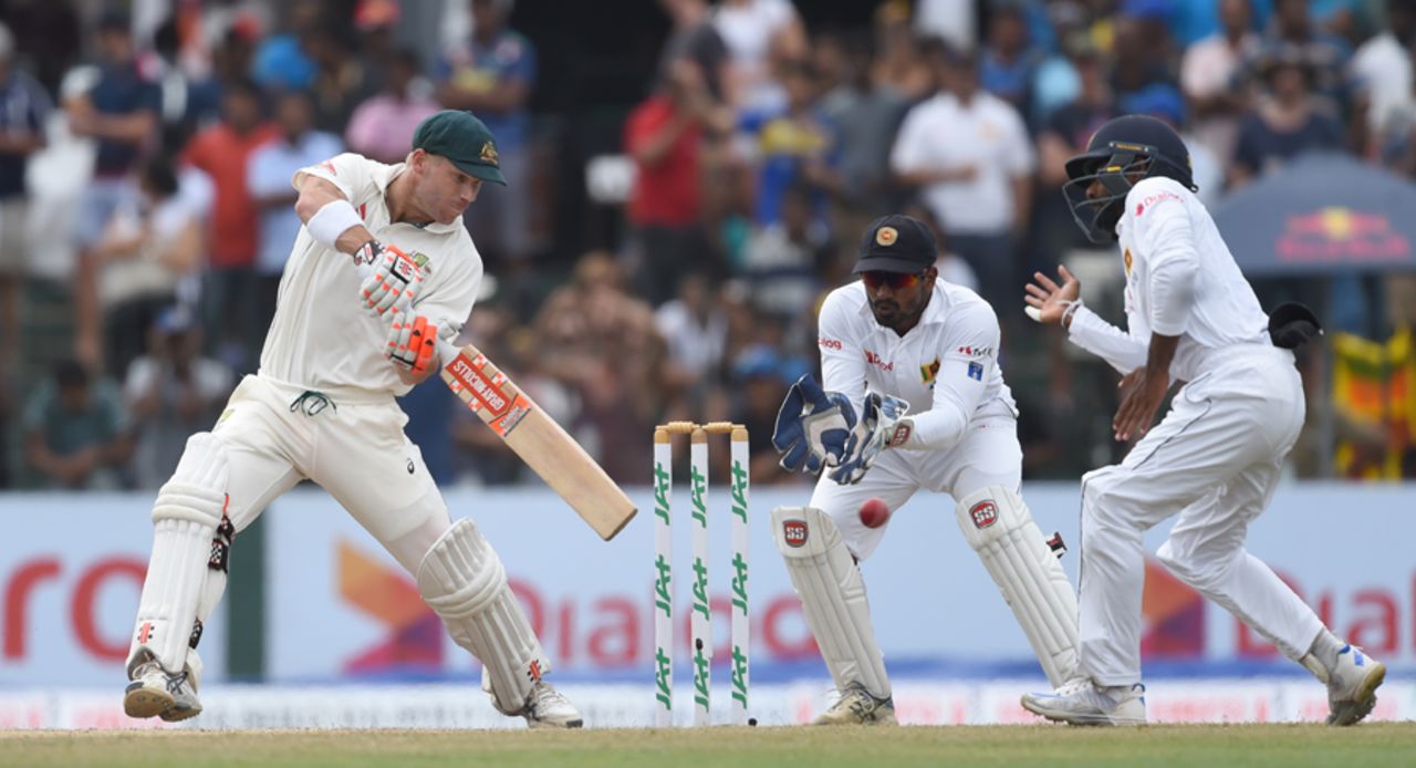 David Warner cuts powerfully towards the cover-point boundary, Sri Lanka v Australia, 3rd Test, SSC, 2nd day, August 14, 2016