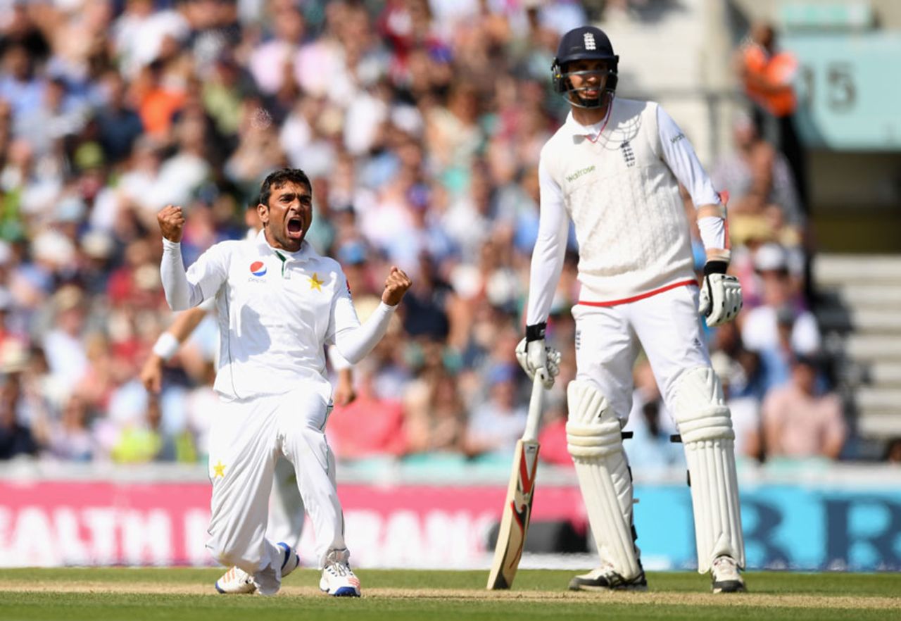 Iftikhar Ahmed wrapped up England's innings with the wicket of James Anderson, England v Pakistan, 4th Test, The Oval, 4th day, August 14, 2016