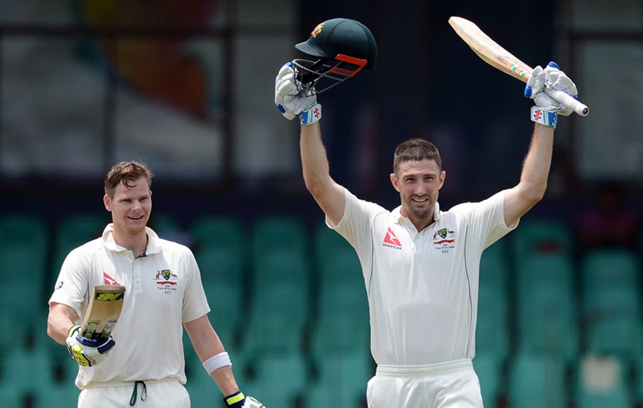 Shaun Marsh raises his bat after reaching his century, Sri Lanka v Australia, 3rd Test, SSC, 3rd day, August 15, 2016