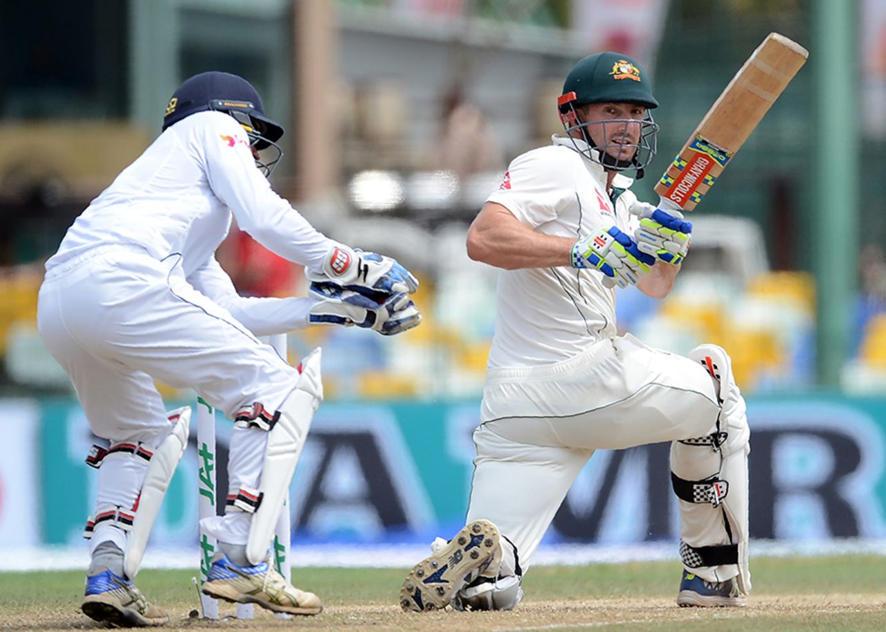 Shaun Marsh plays a sweep shot during his knock of 130, Sri Lanka v Australia, 3rd Test, SSC, 3rd day, August 15, 2016