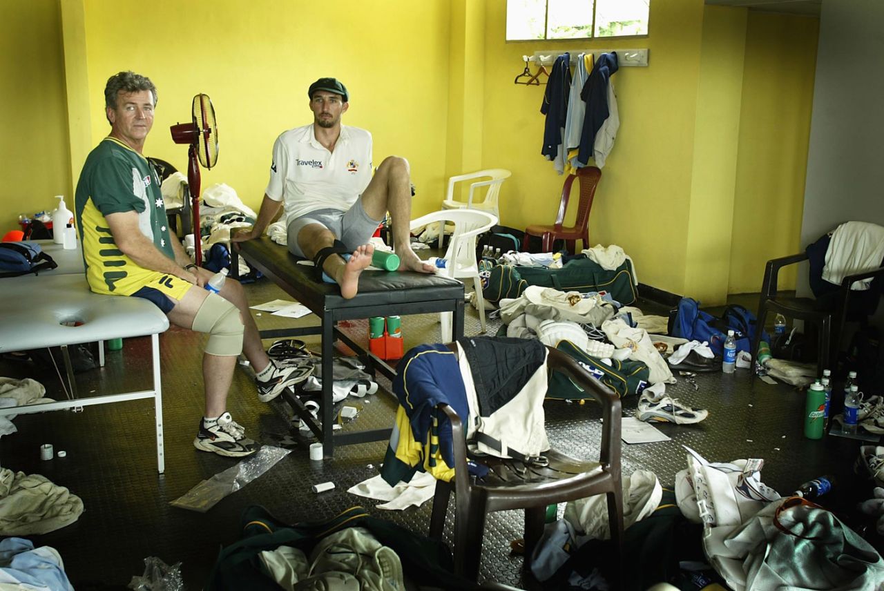 Jason Gillespie and Errol Alcott in the dressing room after Australia's victory, Australia v Pakistan, 1st Test, Colombo (P Sara), 5th day, October 7, 2002