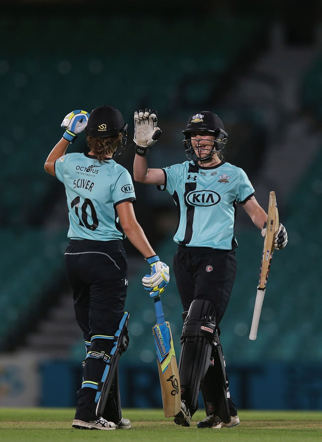 Natalie Sciver and Beth Morgan celebrate victory, Surrey Stars v Yorkshire Diamonds, Women's Super League, August 4, 2016