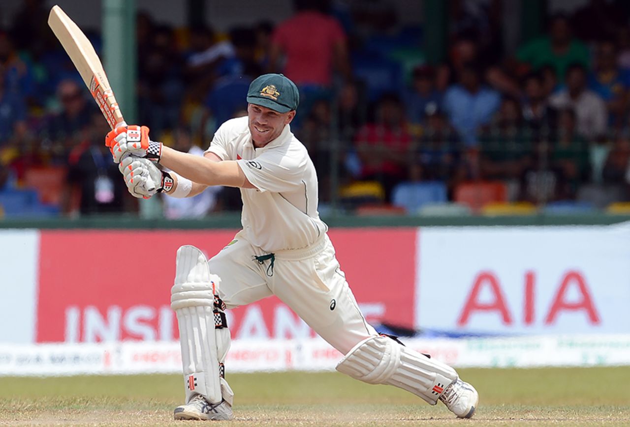 David Warner drills the ball through the off side, Sri Lanka v Australia, 3rd Test, SSC, 5th day, August 17, 2016