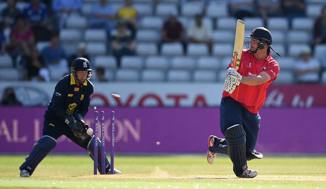 Jesse Ryder was bowled when he came down the pitch at Josh Poysden, Warwickshire v Essex, Royal London One-Day Cup quarter-finals, Edgbaston, August 17, 2016