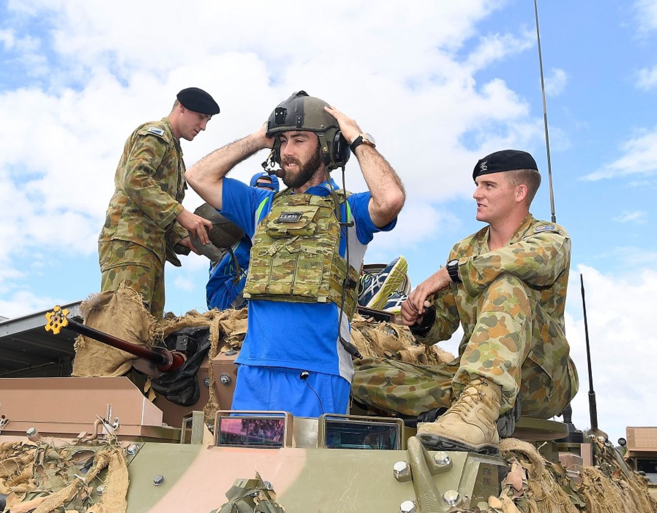 Battle ready: Glenn Maxwell with trooper Corey Bywater of the Australian Army at  Lavarack Barracks, Townsville, August 18, 2016