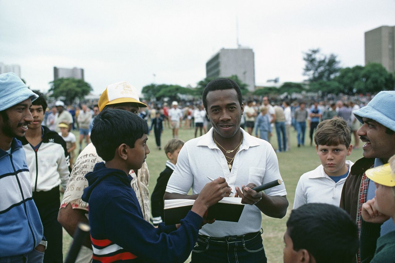 Emmerson Trotman signs autographs for fans in South Africa, Durban, February, 1983