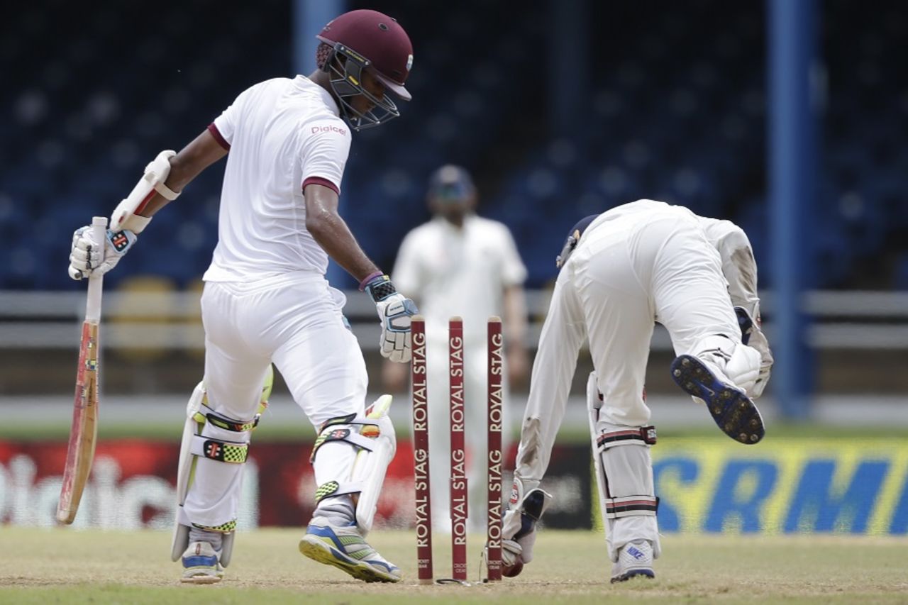 Kraigg Brathwaite makes it back to the crease as Wriddhiman Saha tries to stump him, West Indies v India, 4th Test, Port of Spain, 1st day, August 18, 2016