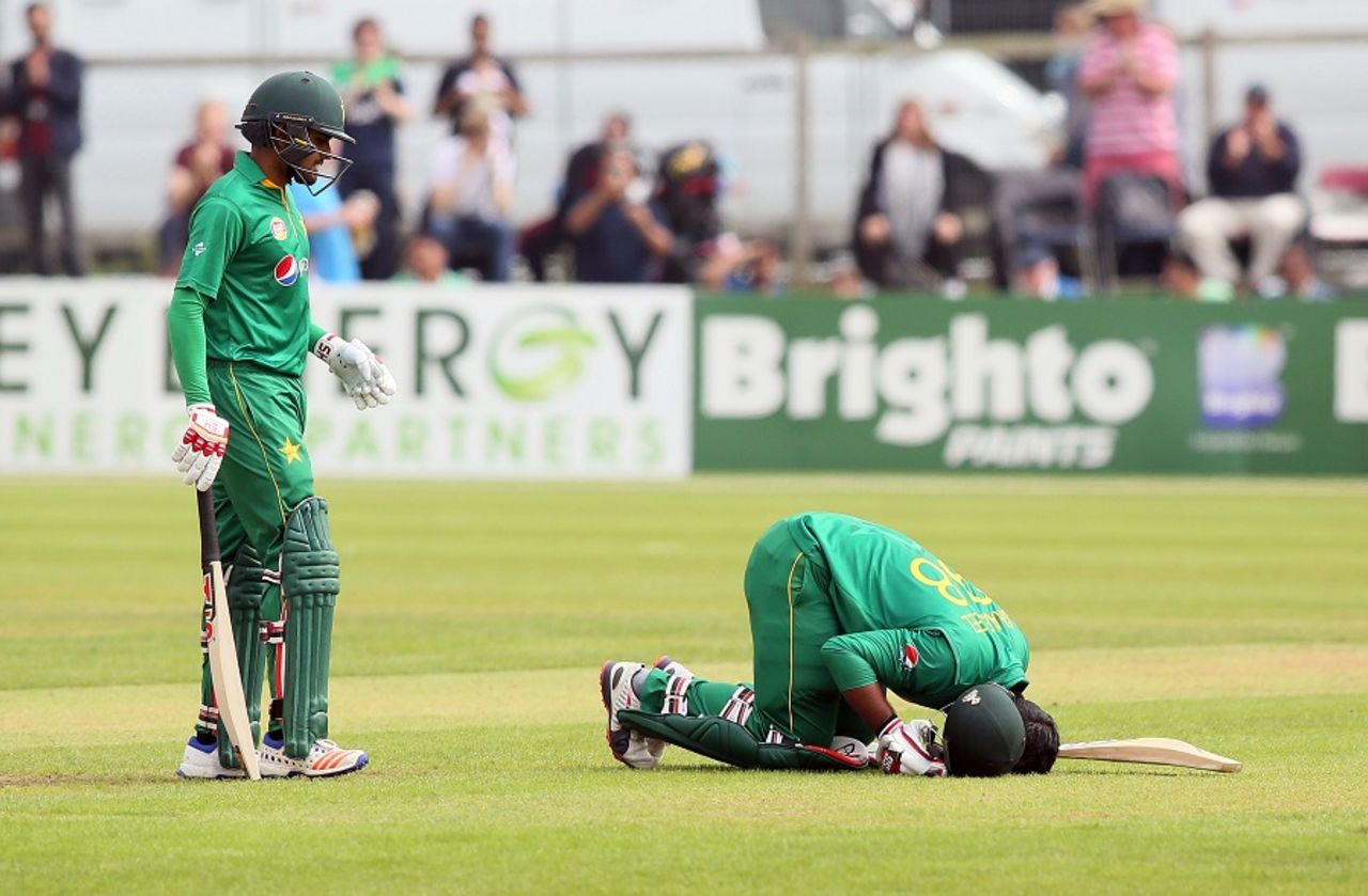 Sharjeel Khan reacts on getting to his hundred, Ireland v Pakistan, 1st ODI, Malahide, August 18, 2016