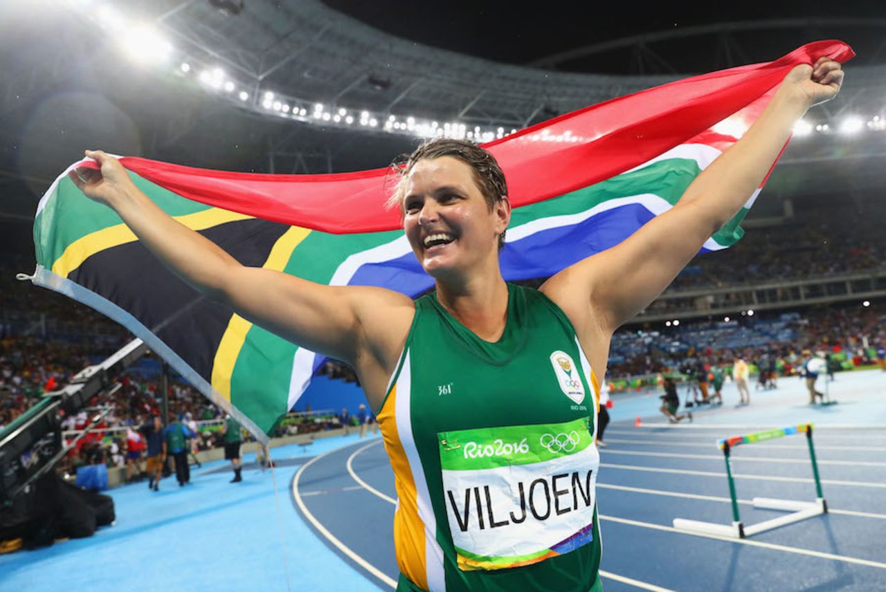 Sunette Viljoen celebrates winning the silver medal in the women's javelin final at the Rio Olympics, Rio de Janeiro, August 18, 2016