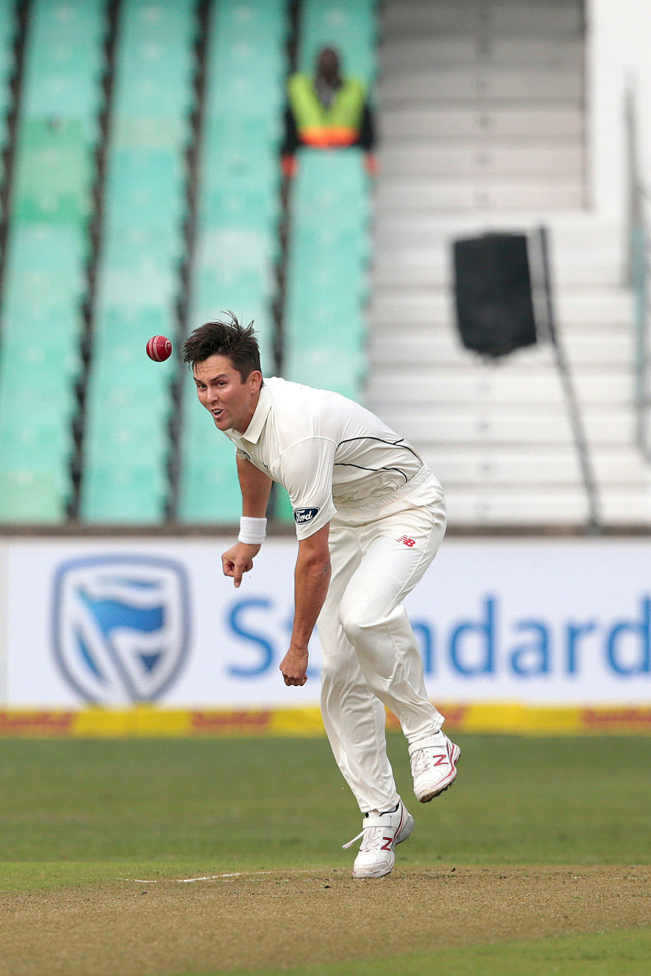 Trent Boult releases a delivery during a testing opening spell, South Africa v New Zealand, 1st Test, Durban, 1st day, August 19, 2016