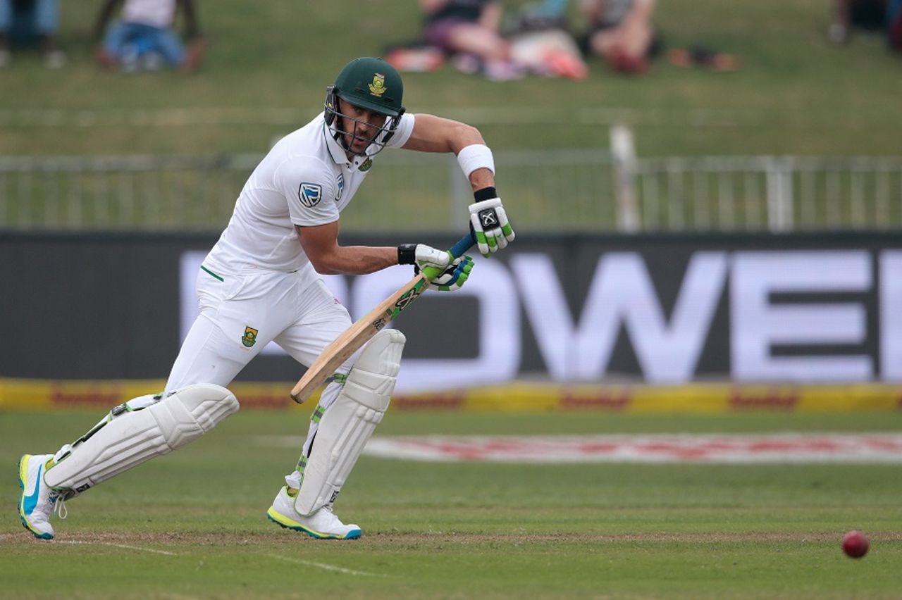 Faf du Plessis taps one to the off side, South Africa v New Zealand, 1st Test, Durban, 1st day, August 19, 2016